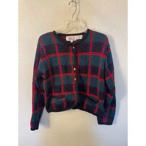 Vintage 80s 90s Tally-Ho Red Green Cardigan Size Medium Button‎ Up Distressed
